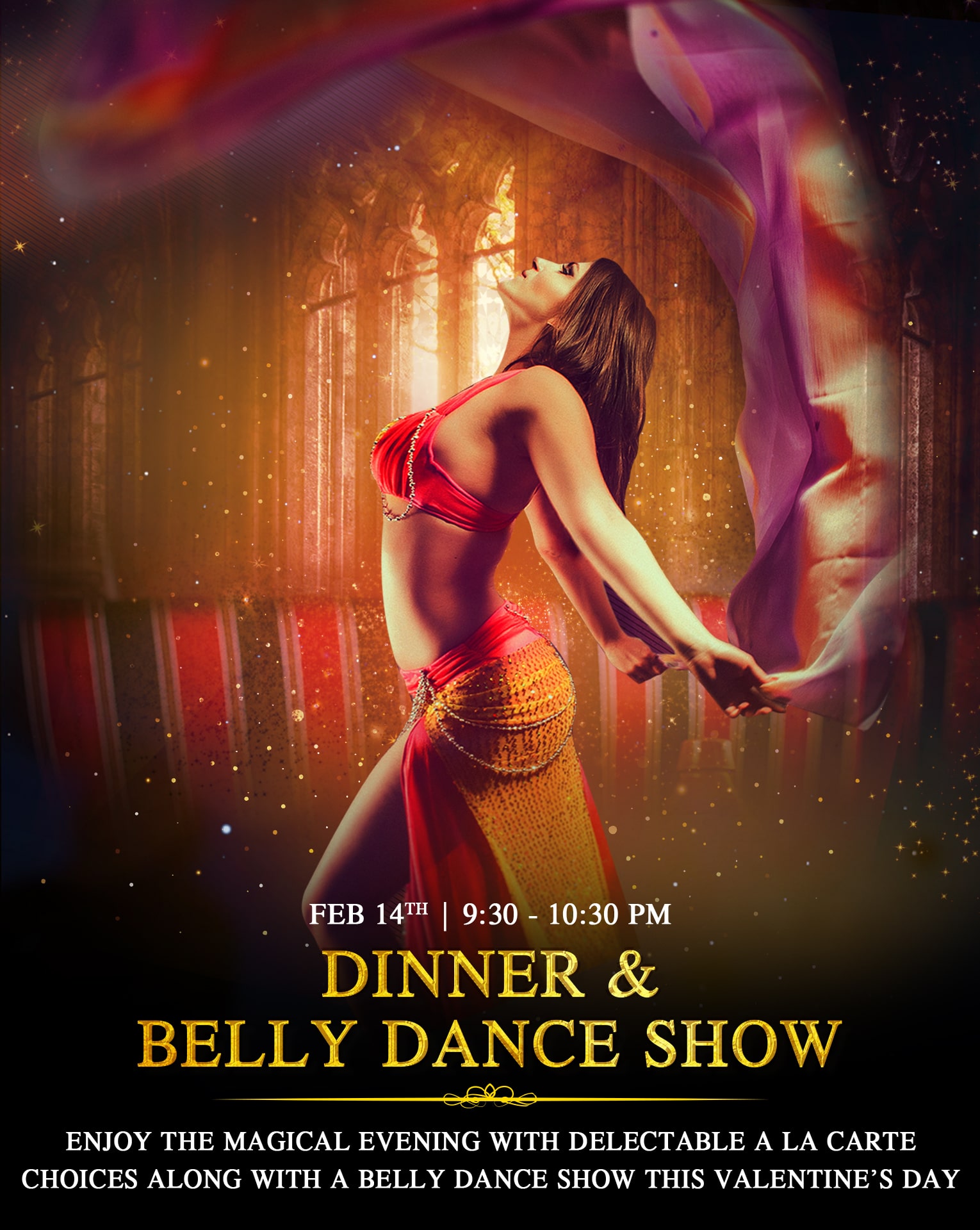 An image of a flyer advertising a dinner and belly dance show.