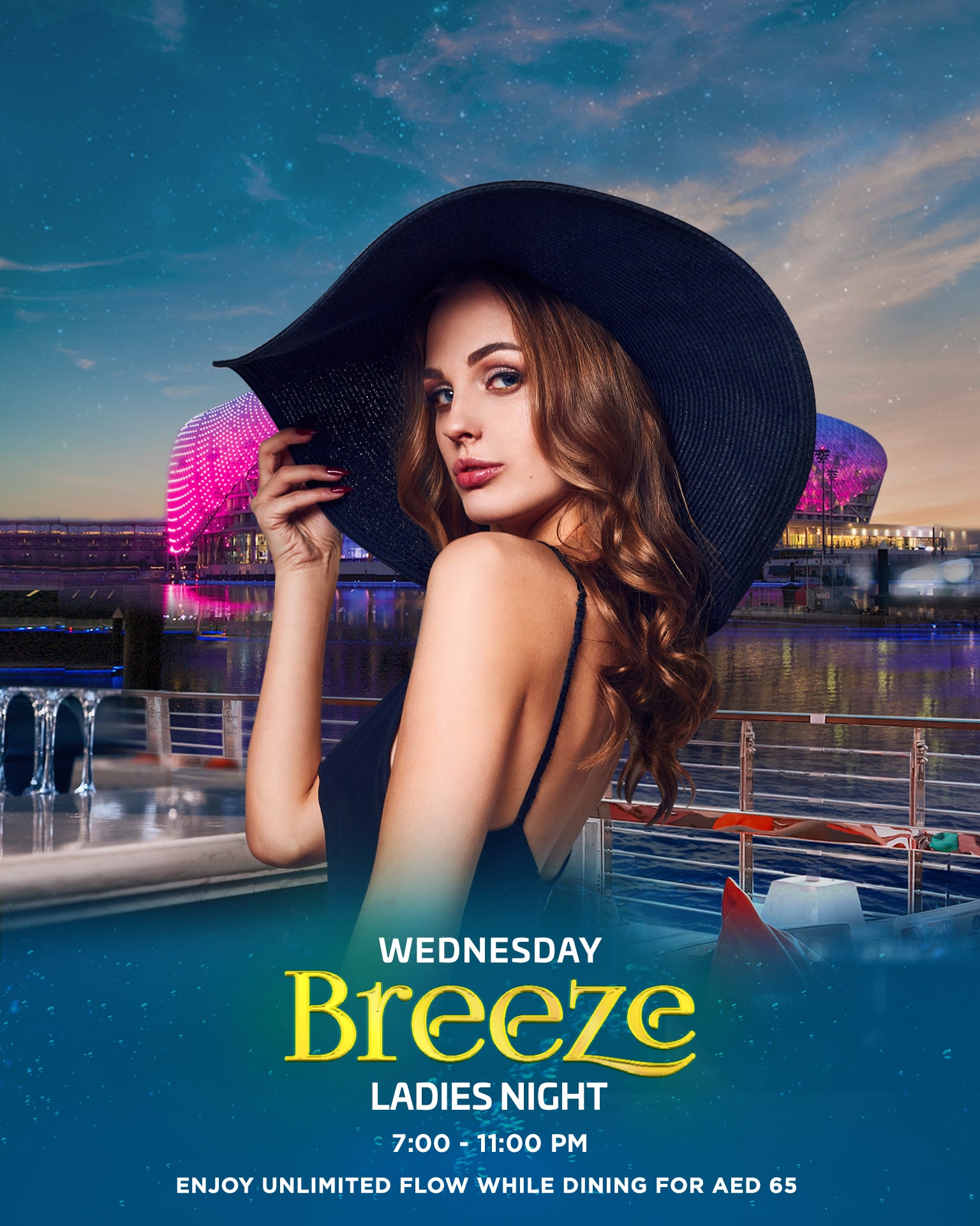 Flyer for Breeze Ladies Night: Join us for a fun evening with special drinks and music for ladies.