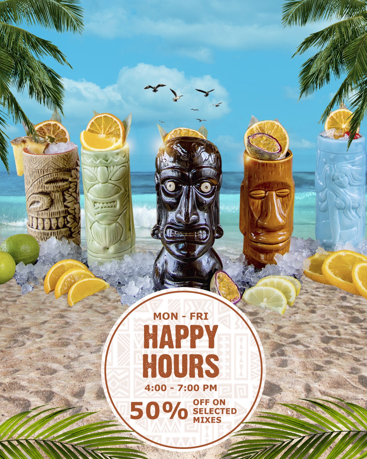 Smiling friends sipping drinks at a vibrant tiki bar during happy hours.