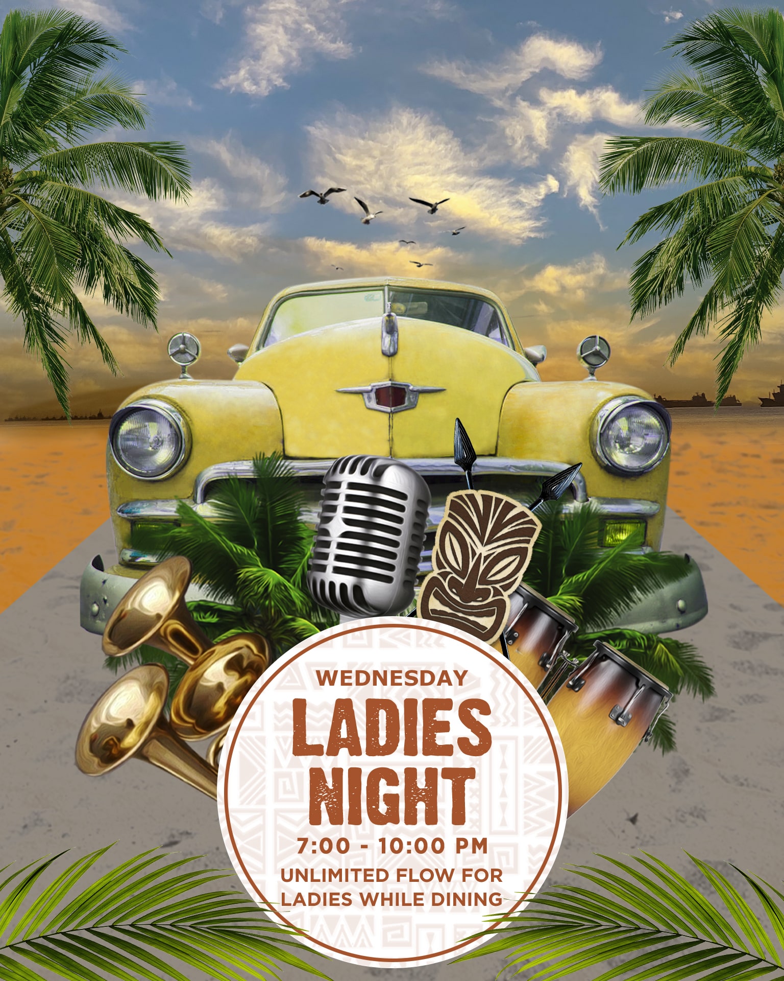Ladies night flyer featuring a vintage car and musical instruments.