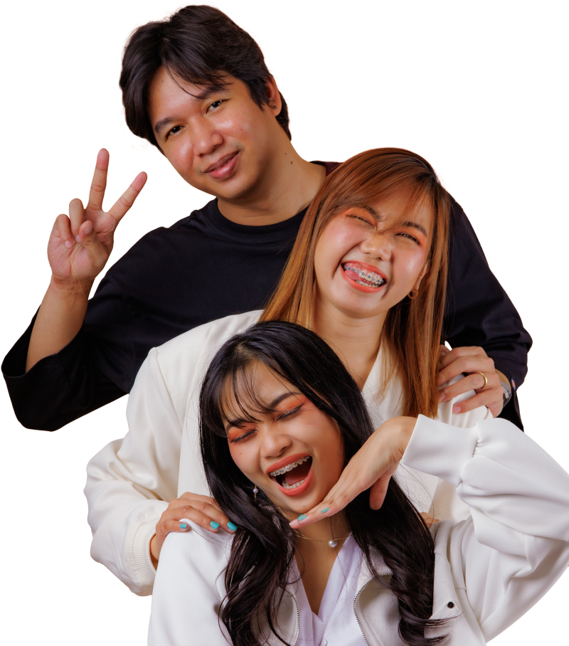 A group of three individuals, including one man and two women, posing for a photo.