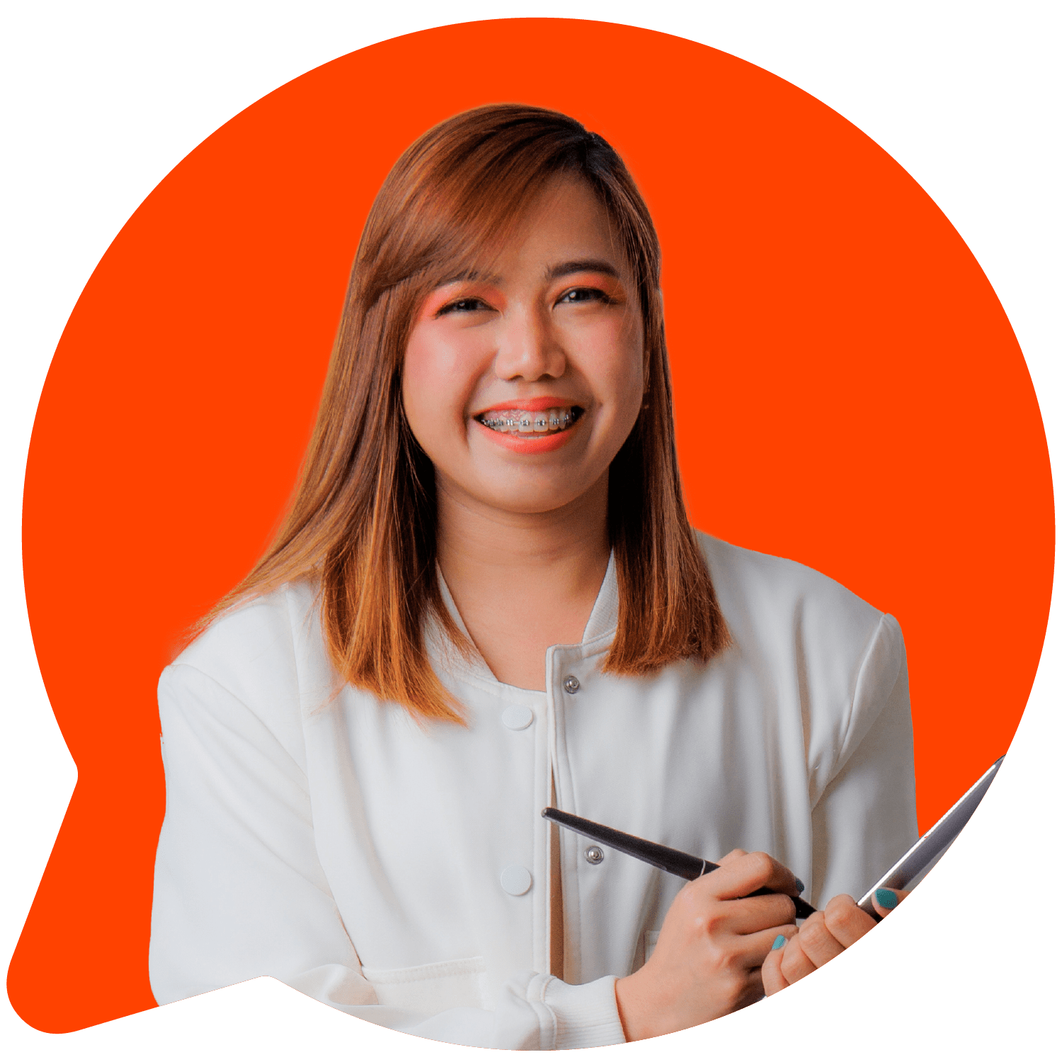 A woman holding a pen and clipboard in front of an orange circle.