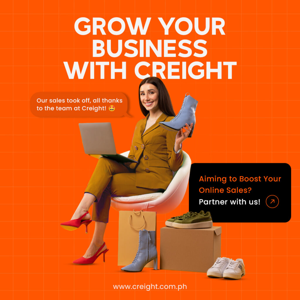 A woman sits on a chair with a laptop, holding a blue shoe. An orange background features text: "Grow Your Business with Creight." Various shoes and a box are on the floor. A message bubble highlights boosting online sales. Website link included.