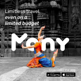 A dancer in traditional attire poses gracefully in front of an ancient stone temple. The text reads, "Limitless travel, even on a limited budget." It includes download buttons for Google Play and App Store, with the app name "Mony.