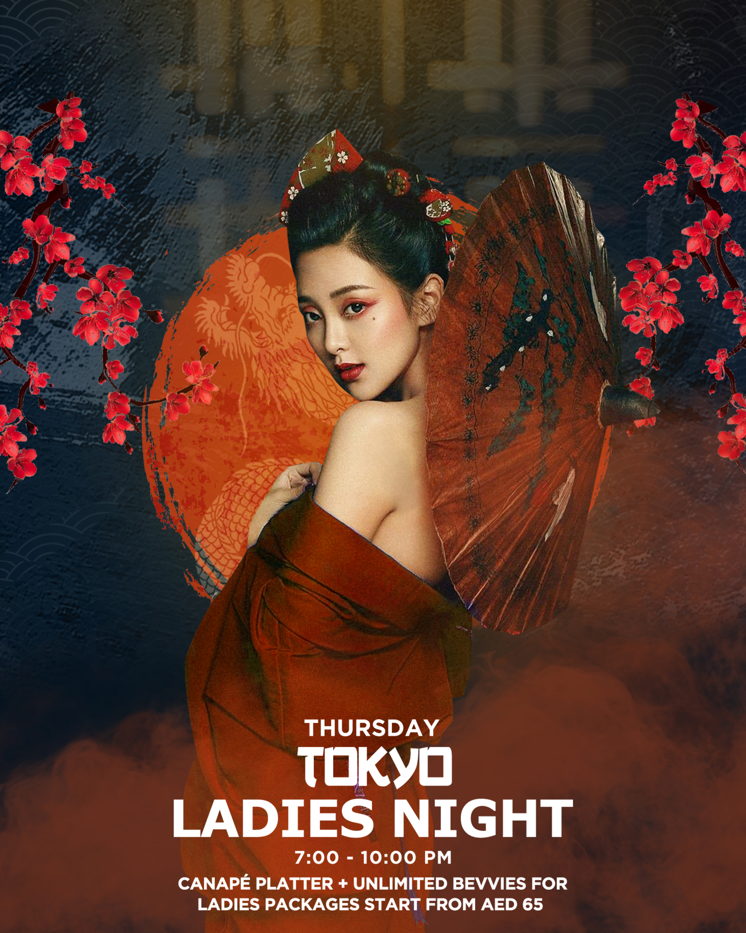Tokyo ladies night flyer featuring vibrant colors and event details for a night out.